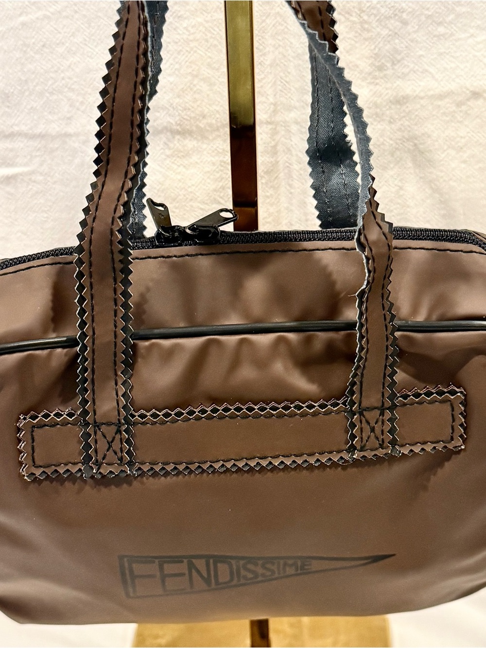 Vintage Fendissime Brown Coated Nylon Small Duffle Handbag - Picture 2 of 9